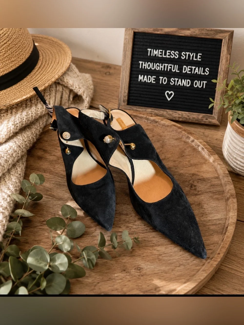 Louise Et Cie size 10 black suede sling back pumps with pearl details